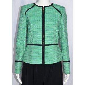 Anne Klein Tweed Zip Up Jacket Green/Blue With Black Trim Preppy Clueless Size 6